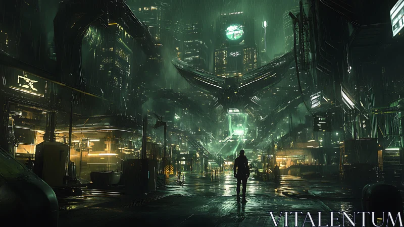Solitary figure walks beneath neon-drenched cybercity sprawl.