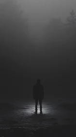 Solitary human silhouette in foggy nocturnal forest clearing