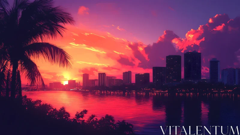 Neon sunset skyline humming over tropical harbor waters.