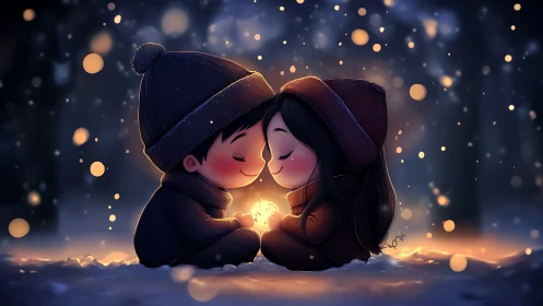 Winter Hearts Aglow: Two Souls Cradling Luminescent Warmth.