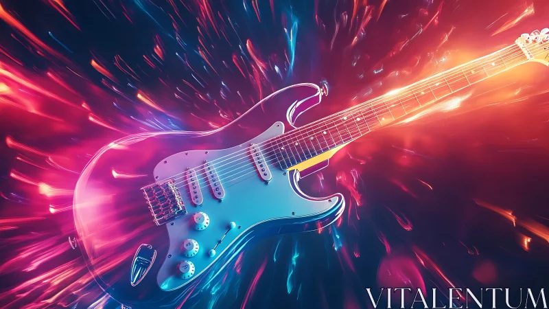 Electric guitar with neon light trails in motion burst.