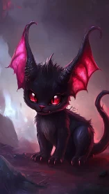 Impish demon kitten with glowing crimson wings and gaze.