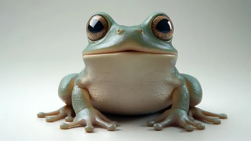 Close frontal view of stylized green frog on plain background.