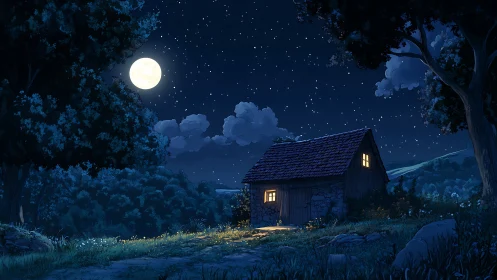 Moonlit stone cabin sits in a quiet forest clearing at night