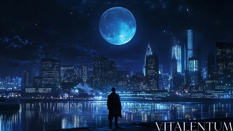 Solitary figure surveys neon-lit metropolis under enlarged moon