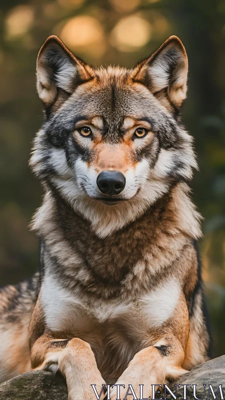 Golden-hour portrait of poised wolf on mossed forest rock