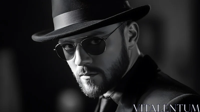 Monochrome portrait isolates a bearded man in noir lighting