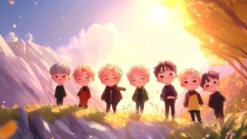 Chibi friends under golden backlight on sunlit hillside.