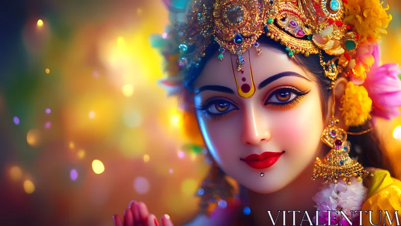 Divine goddess portrait radiates vivid golden festival light.