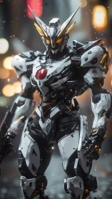 Futuristic white combat mecha stands in glowing urban street