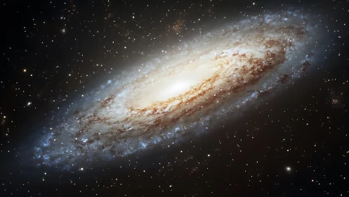 Photorealistic spiral galaxy core with luminous dust lanes.