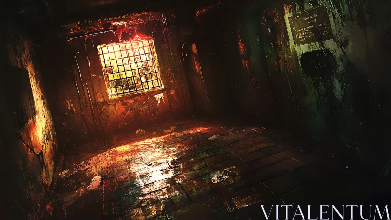 Rotting corridor glows under bloodstained sunset window