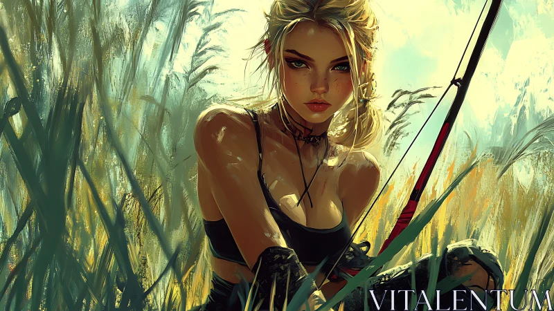 Female archer crouches in tall grass with bow drawn ready