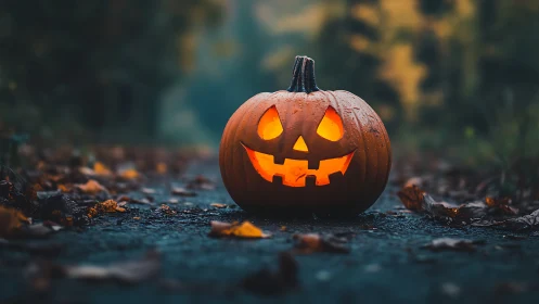 Carved jack o lantern sits on damp path with blurred foliage
