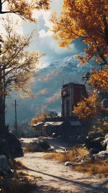 Autumn mountain pass with derelict substation and dust road.