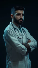 Serious male doctor in white coat with stethoscope portrait.