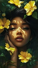 Portrait of woman framed by yellow flowers and foliage