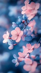 Pink and Blue Flowers on Branch Against Soft Bokeh