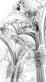 Ink-rendered baroque vault with ornate Corinthian structural detailing.