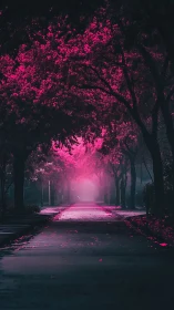 Midnight walk beneath glowing pink dream trees.