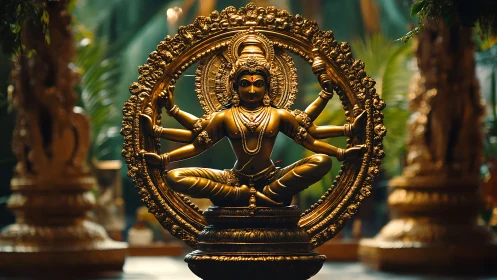 Golden multi armed deity statue glowing in gentle temple light.