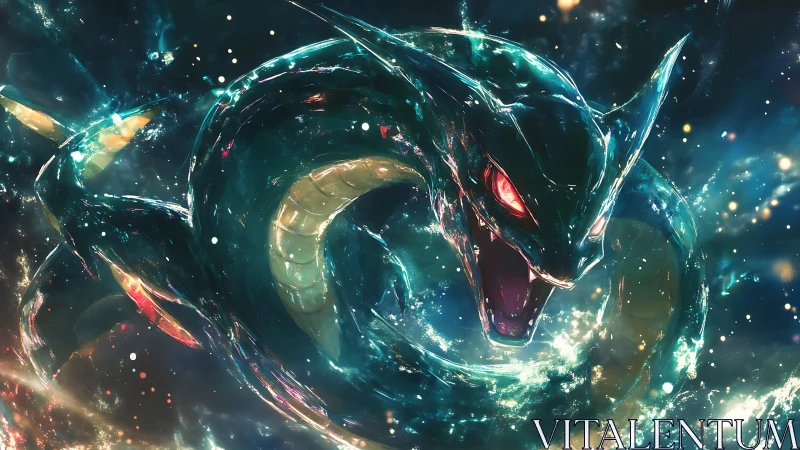 Serpentine aquatic creature rendered in luminous cosmic scene.
