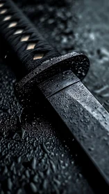 Macro study of rain-soaked katana blade and tsuka interface.