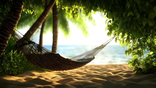 Tropical Seaside Hammock Beneath Canopy Shade.