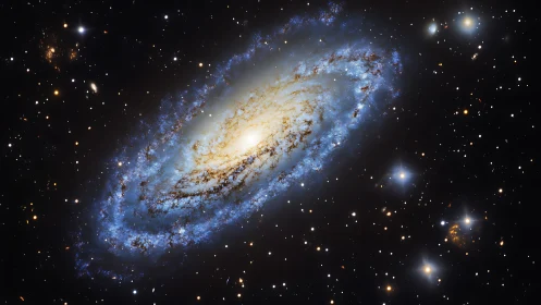 Spiral galaxy adrift in velvet space, haloed with blue fire.