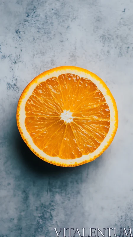 Vibrant orange cross-section on cool mottled backdrop.