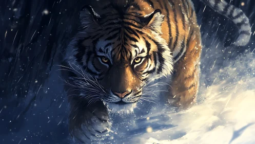 Tiger moving through winter snow in low light conditions.