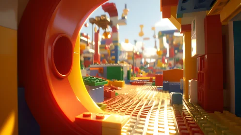 Colorful close-up view of sunlit plastic brick city street.
