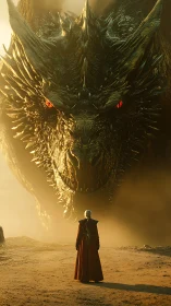 Brave wanderer meets a towering dragon in golden light.