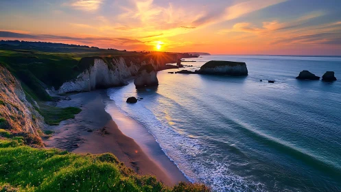 Sunset light washes rugged sea cliffs and tranquil bay shoreline.
