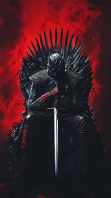 Armored dark lord sits on spiked iron throne gripping sword