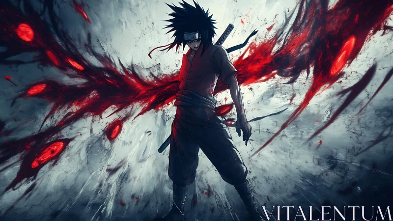 Stormbound anime warrior amid erupting crimson energy surge.