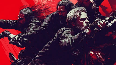 Biker gang surges forward across crimson graphic storm