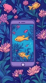 Glowing goldfish swim through a phone in a dreamy floral sea