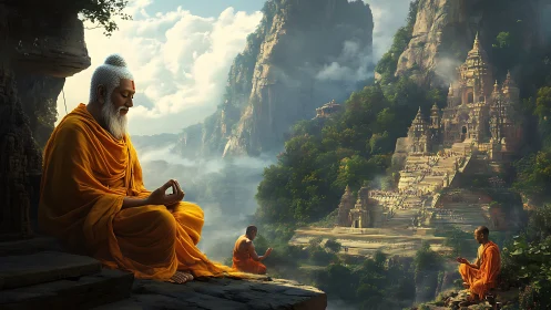 Mountain monks weaving silence around a golden cliff temple.