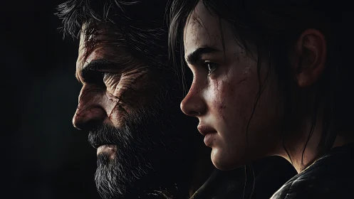 Two scarred digital characters stare forward in side profile