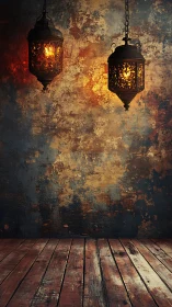 Hanging metal lanterns against distressed textured wall.