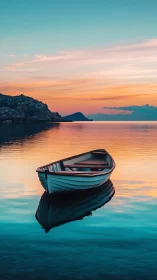 Solitary rowboat on mirrored sea at vivid sunset.