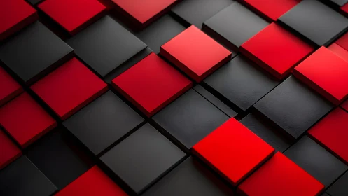 Bold red and black 3D geometric squares in modern abstract style.
