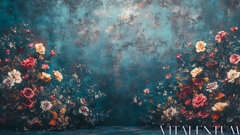 Floral Abundance Against Distressed Teal Surface.