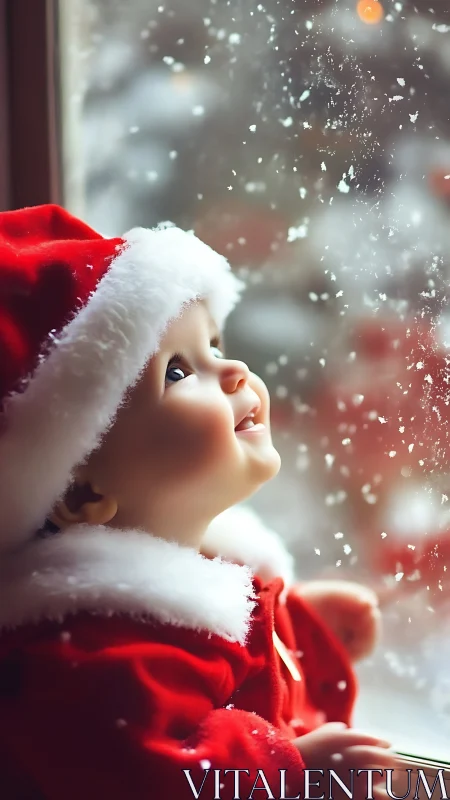Infant in Santa outfit gazes at softly illuminated snowfall