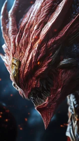Detailed 3D render of fiery red alien dragon head creature.