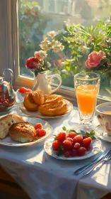 Sunlit breakfast still life with pastries, berries and flowers