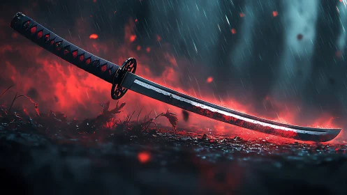 Katana sword on wet ground under red glowing rain effects.