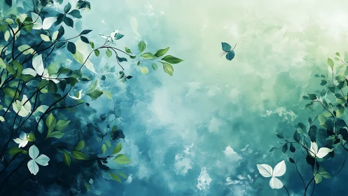 Lush green branches with leaves over dreamy teal sky.