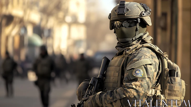 Calm urban patrol moment with focused tactical guardian.